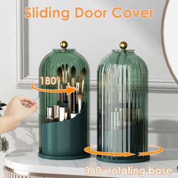 YOOLENS Makeup Brush Holder with Lid 360 Rotating Clear Dustproof Make Up Organizers for Vanity Bathroom Countertop, Green