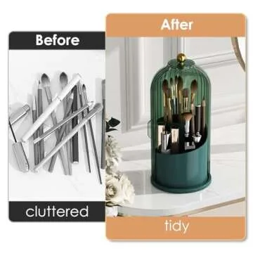 YOOLENS Makeup Brush Holder with Lid 360 Rotating Clear Dustproof Make Up Organizers for Vanity Bathroom Countertop, Green