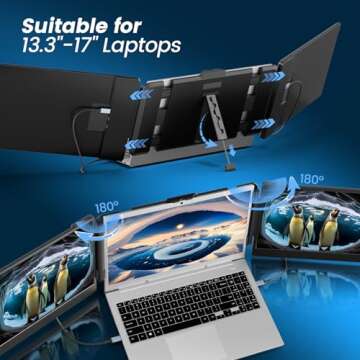 domyfan 14" Laptop Screen Extender, FHD 1080P IPS Triple Portable Monitor for Laptop, HDMI/USB-A/Type-C Plug and Play for Windows, Mac, Android, Chrome, Switch & PS5, Work with 13.3”-17” Laptops
