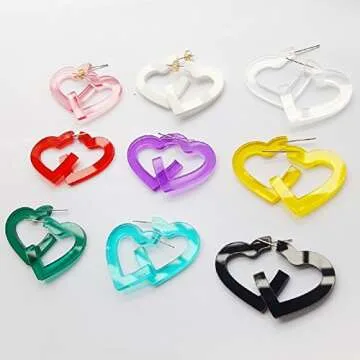 VEINTI+1 Pink Heart Shape Earring Transparent Acrylic Pink Heart Shape Candy Color Women's Charm Earring (3cm,1.18", H3- Pink)