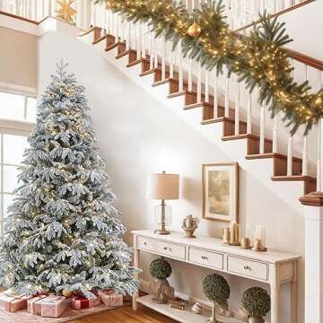 ELONG HOME Flocked Christmas Tree, 7.5ft Christmas Tree Prelit, UL Listed 10 Modes Colorful Lights 2700 Tips Realistic Christmas Tree with Sturdy Metal Stand