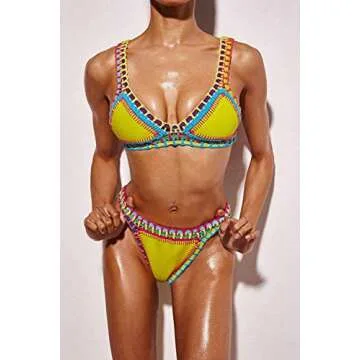 Handmade Women's Crochet Triangle Reversible Sexy Bikini Top and Bottom Sports Swimsuit Set Yellow