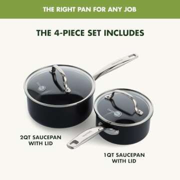 GreenPan Prime Chatham 1QT & 2QT Saucepan Pot Set with Glass Lids, Hard Anodized Diamond Infused Ceramic Nonstick, PFAS-Free, Dishwasher Safe, Oven Safe, Multipurpose Chefs Pan, Stay-Cool Handle,Black