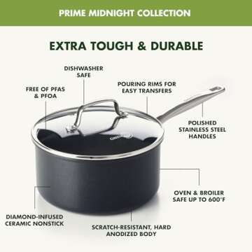 GreenPan Prime Chatham 1QT & 2QT Saucepan Pot Set with Glass Lids, Hard Anodized Diamond Infused Ceramic Nonstick, PFAS-Free, Dishwasher Safe, Oven Safe, Multipurpose Chefs Pan, Stay-Cool Handle,Black