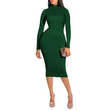Pink Queen Turtleneck Long Sleeve Bodycon Midi Dress Green