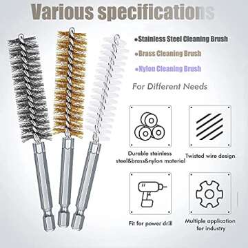 18 Pcs Bore Brush Drill Set, Mixiflor Twisted Stainless Steel Brass Nylon Bore Brush for Cleaning Rust, 1/4 Inch Hex Shank, with Handle, Extension Bar, Tool Bag