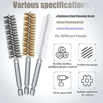 18 Pcs Bore Brush Drill Set, Mixiflor Twisted Stainless Steel Brass Nylon Bore Brush for Cleaning Rust, 1/4 Inch Hex Shank, with Handle, Extension Bar, Tool Bag
