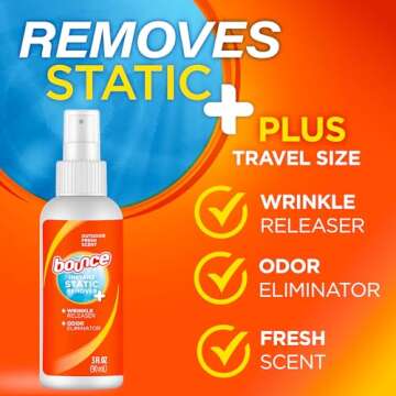 Bounce Anti Static Spray, 3 in 1 Instant Anti Static Spray & Instant Wrinkle Release, Odor Eliminato...