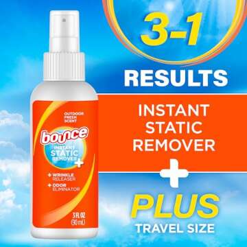 Bounce Anti Static Spray, 3 in 1 Instant Anti Static Spray & Instant Wrinkle Release, Odor Eliminator & Fabric Refresher, Travel Size (3 Oz,Pack of 3)