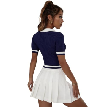 Verdusa Women's Polo Collar Colorblock Short Sleeve Ribbed Crop Knit Top School Shirt Navy Blue S