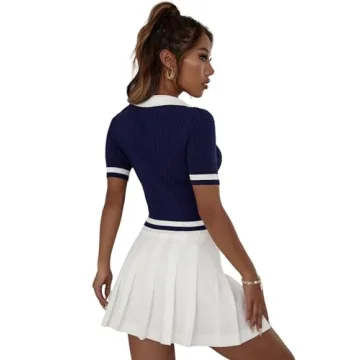 Verdusa Women's Polo Collar Colorblock Short Sleeve Ribbed Crop Knit Top School Shirt Navy Blue S
