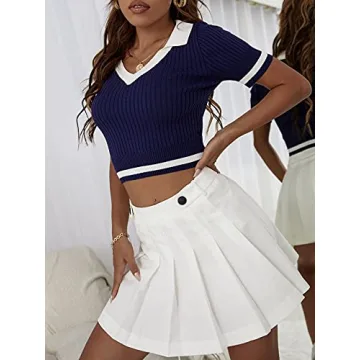 Verdusa Women's Polo Collar Colorblock Short Sleeve Ribbed Crop Knit Top School Shirt Navy Blue S