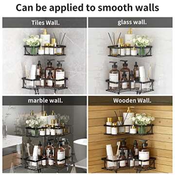 Black Shower Caddy Corner, self adhesive shower shelves for Bathroom, No Drilling Rustproof Wall Mount Shower Shelf Organizer Rack With 4 Hooks & Self Adhesive, Shower Storage for Inside Shower