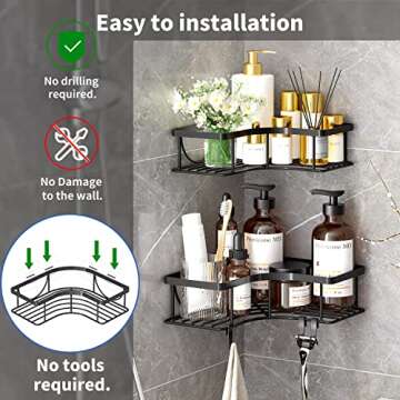 Black Shower Caddy Corner, self adhesive shower shelves for Bathroom, No Drilling Rustproof Wall Mount Shower Shelf Organizer Rack With 4 Hooks & Self Adhesive, Shower Storage for Inside Shower