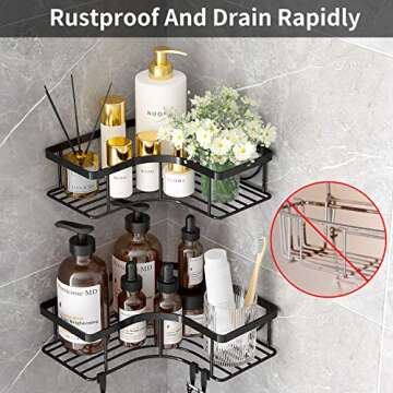 Black Shower Caddy Corner, self adhesive shower shelves for Bathroom, No Drilling Rustproof Wall Mount Shower Shelf Organizer Rack With 4 Hooks & Self Adhesive, Shower Storage for Inside Shower