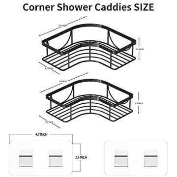 Black Shower Caddy Corner, self adhesive shower shelves for Bathroom, No Drilling Rustproof Wall Mount Shower Shelf Organizer Rack With 4 Hooks & Self Adhesive, Shower Storage for Inside Shower
