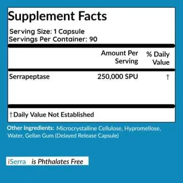 iSerra 250,000 SPU Serrapeptase Enzyme - 90 Maximum Strength Capsules - Up to 12x More Potent Than Other Serrapaptase - Delayed Release Technology-High Potency Non-GMO, Gluten Free, Vegan (Pack of 1)