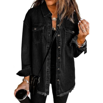Vetinee Women's Oversized Boyfriend True Black Front Button Up Frayed Raw Hem Long Sleeve Pockets De...