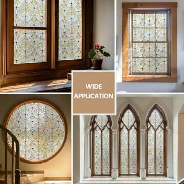 Elegant 3D Stained Glass Window Film with Golden Ironwork