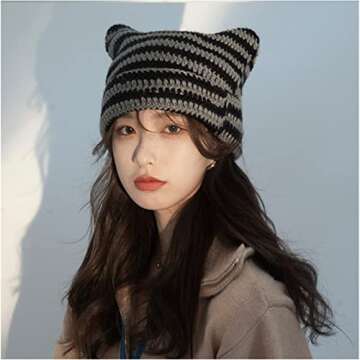 Cat Ear Beanie Y2K Striped Crochet Hats Vintage Grunge Accessories Slouchy Beanies for Women …