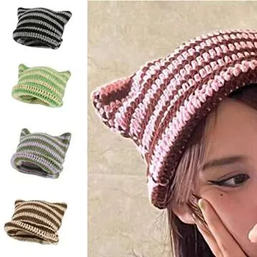 Cat Ear Beanie Y2K Striped Crochet Hats Vintage Grunge Accessories Slouchy Beanies for Women …