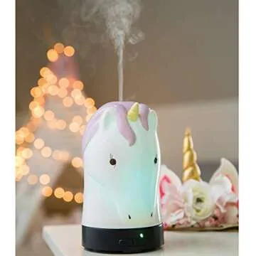 Airome Unicorn Kid, Tween/Teen Glass Essential Oil Diffuser|100 mL Humidifying Ultrasonic Aromatherapy Diffuser 8 Colorful LED Lights, Intermittent & Continual Mist, Auto Shut-Off, White and Pink