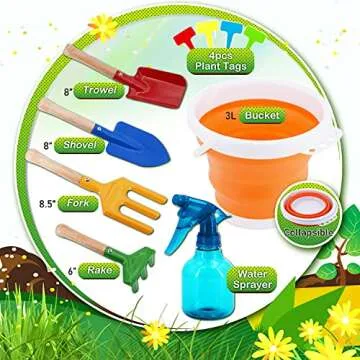 JoyTown Kids Gardening Tool Set –Real Metal Gardening Tools Includes Shovel, Rake, Trowel & Fork, Children’s Garden Kit with Hat, Apron, Gloves, Tote Bag, Sprayer and Bucket, Outdoor Gardening Gifts