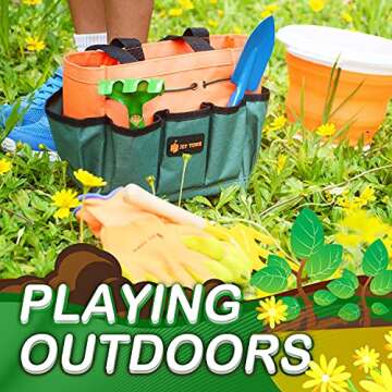 JoyTown Kids Gardening Tool Set –Real Metal Gardening Tools Includes Shovel, Rake, Trowel & Fork, Children’s Garden Kit with Hat, Apron, Gloves, Tote Bag, Sprayer and Bucket, Outdoor Gardening Gifts