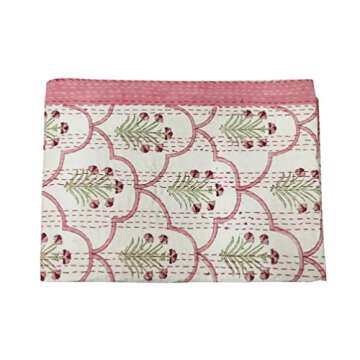 MAVISS HOMES Indian Block Print Quilt Kantha Quilts Queen Size Kantha Throw Quilt Blanket Kantha Bedspreas Pure Cotton Quilt (Twin 90 X 60 Inch, White)