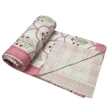 MAVISS HOMES Indian Block Print Quilt Kantha Quilts Queen Size Kantha Throw Quilt Blanket Kantha Bedspreas Pure Cotton Quilt (Twin 90 X 60 Inch, White)