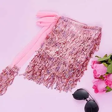 Belly Dance Hip Scarf Sequin Tassel Skirt Performance Outfits Sparkly Fringe Skirt Wrap Halloween Costume Party Rave Festival Skirt for Women and Girls, Pink