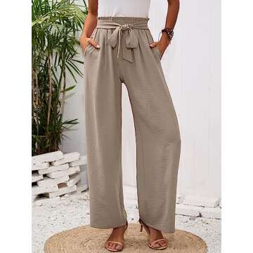 Heymoments Women's Wide Leg Lounge Pants with Pockets Wheat X-Large Lightweight High Waisted Adjustable Tie Knot Loose Comfy Casual Trousers
