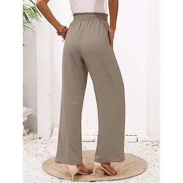 Heymoments Women's Wide Leg Lounge Pants with Pockets Wheat X-Large Lightweight High Waisted Adjustable Tie Knot Loose Comfy Casual Trousers