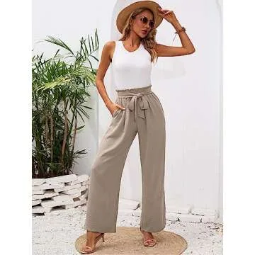 Heymoments Women's Wide Leg Lounge Pants with Pockets Wheat X-Large Lightweight High Waisted Adjustable Tie Knot Loose Comfy Casual Trousers