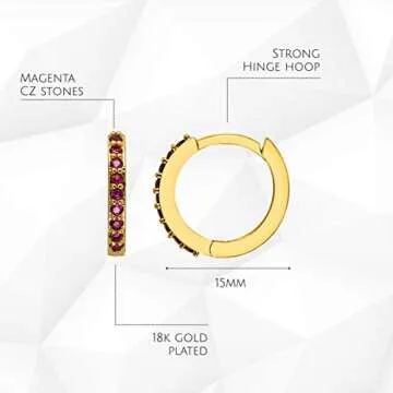 KISPER 18K Gold Plated Cubic Zirconia Cuff Earrings Huggie Hoop, Magenta