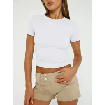 Trendy Queen Womens Basic T-Shirts Scoop Neck Short Sleeve Crop Tops Cute Summer Tops Slim Fit Tees Y2k Clothing 2024 White 2XS