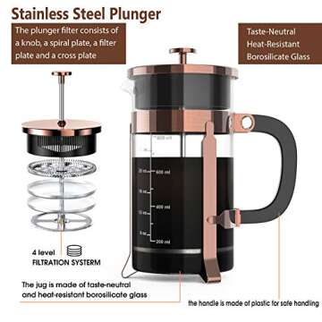 NICPAY French Press Coffee Maker 34oz, 304 Stainless Steel Borosilicate Glass Coffee Press, Copper