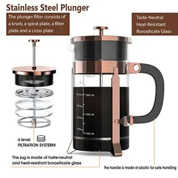 NICPAY French Press Coffee Maker 34oz, 304 Stainless Steel Borosilicate Glass Coffee Press, Copper