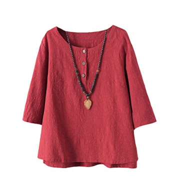 Minibee Red 3/4 Sleeve Cotton Linen Blouse 2XL