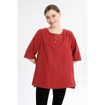 Minibee Red 3/4 Sleeve Cotton Linen Blouse 2XL
