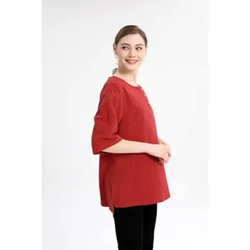 Minibee Red 3/4 Sleeve Cotton Linen Blouse 2XL