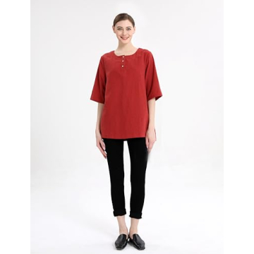 Minibee Red 3/4 Sleeve Cotton Linen Blouse 2XL