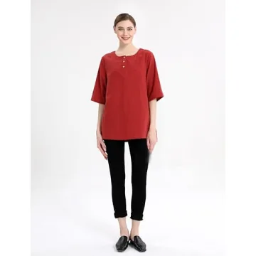 Minibee Red 3/4 Sleeve Cotton Linen Blouse 2XL