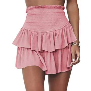 Hilomirics Women Mini Skirts Smocked A Line Flared Ruffle Hem Casual Short Skirt Shorts Pink