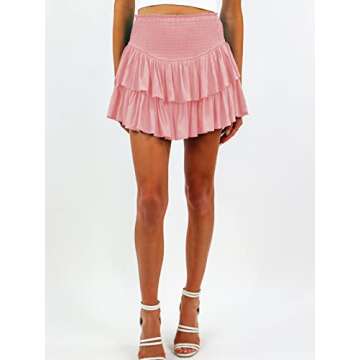 Hilomirics Women Mini Skirts Smocked A Line Flared Ruffle Hem Casual Short Skirt Shorts Pink