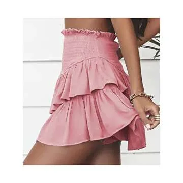 Hilomirics Women Mini Skirts Smocked A Line Flared Ruffle Hem Casual Short Skirt Shorts Pink