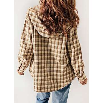 Dokotoo Shacket Jacket Women Fashion Plaid Oversized Hooded Long Sleeve Flannel Shirts Button Down Sherpa Coats Pocketed Casual Winter Fall 2024 Thick Fleece Lined Oversized Outerwear Khaki XL