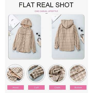 Dokotoo Shacket Jacket Women Fashion Plaid Oversized Hooded Long Sleeve Flannel Shirts Button Down Sherpa Coats Pocketed Casual Winter Fall 2024 Thick Fleece Lined Oversized Outerwear Khaki XL