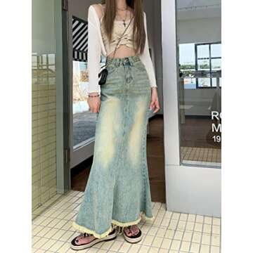 LISUEYNE Women's Casual Stretch Waist Washed Denim Ruffle Fishtail Skirts Long Jean Skirt (Navy-001,...