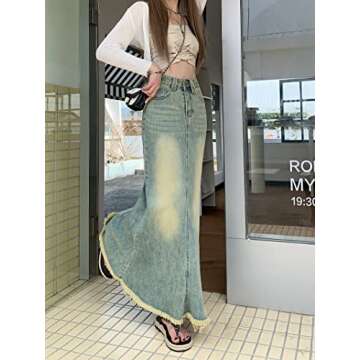 LISUEYNE Women's Casual Stretch Waist Washed Denim Ruffle Fishtail Skirts Long Jean Skirt (Navy-001, Small)